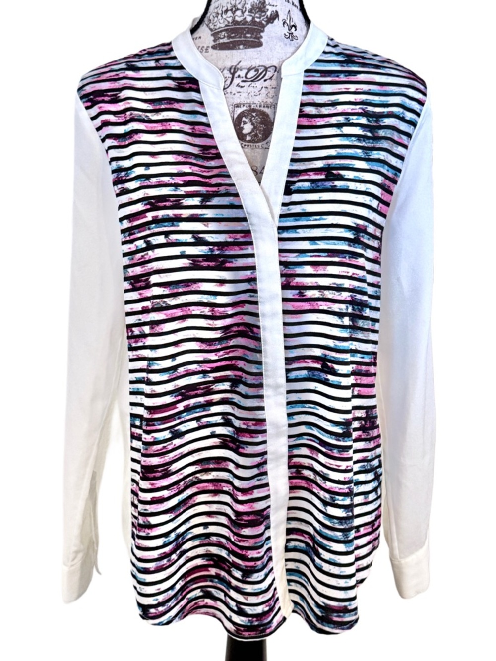 Ivanka Trump Floral Stripe Blouse White V-Neck Button Long Sleeve Medium New